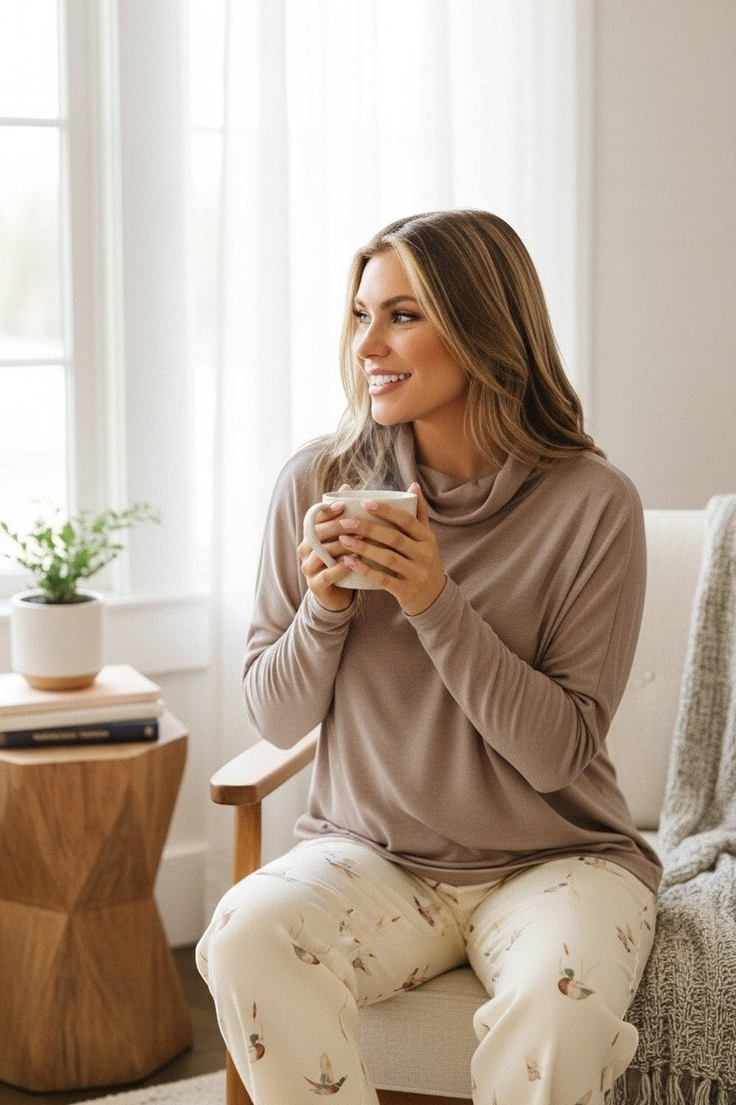 Doodlations Coffee Bar & Boutique smoke gray high neck long sleeve top worn by a woman holding a coffee mug