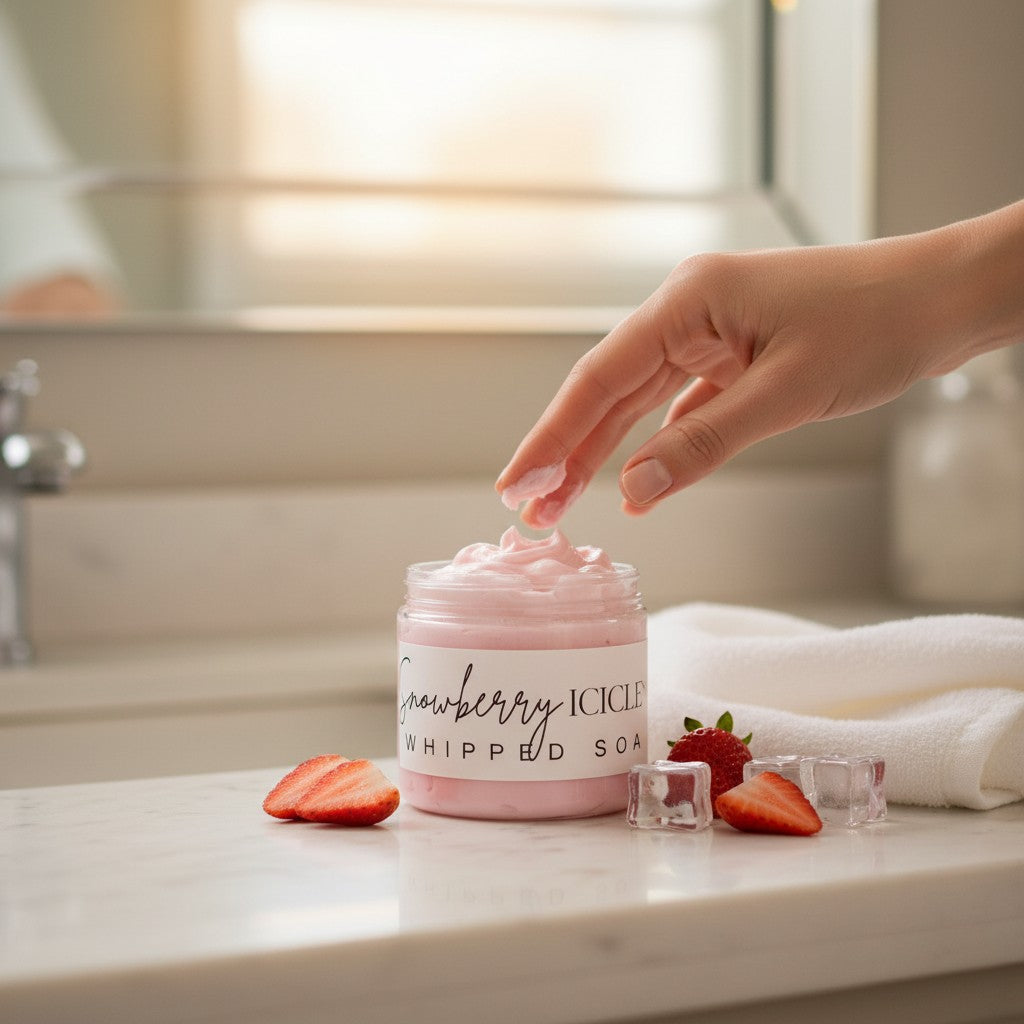 Doodlations Coffee Bar & Boutique Snowberry Icicles whipped soap in a jar with fresh strawberries and ice cubes.