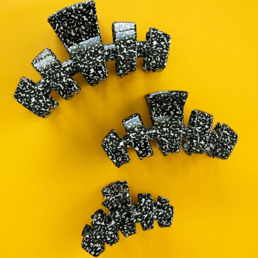 Doodlations Coffee Bar & Boutique Teleties Classic Study Session claw clips in a black and white speckled pattern