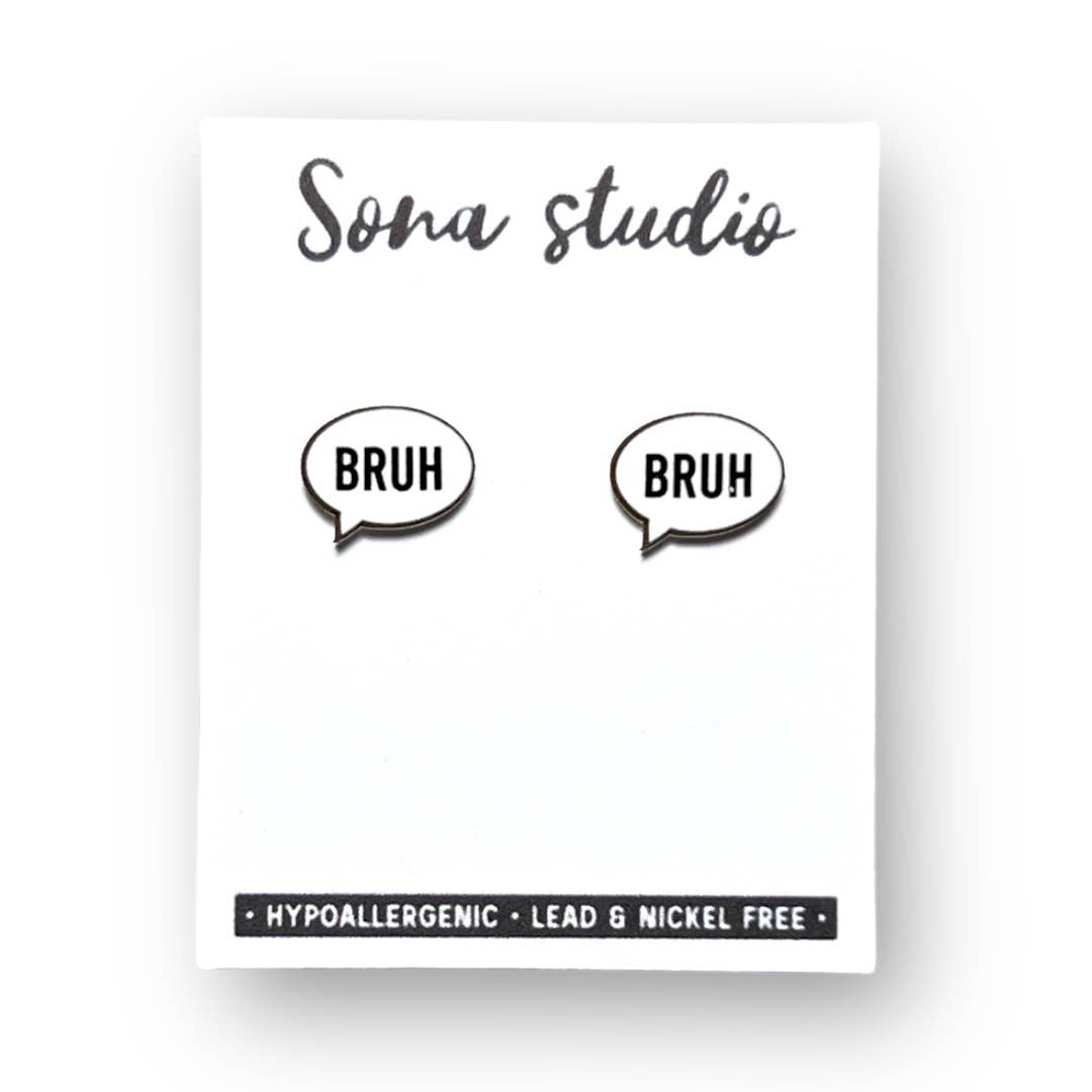 Doodlations Coffee Bar & Boutique Sona studio speech bubble stud earrings with BRUH text in black and white