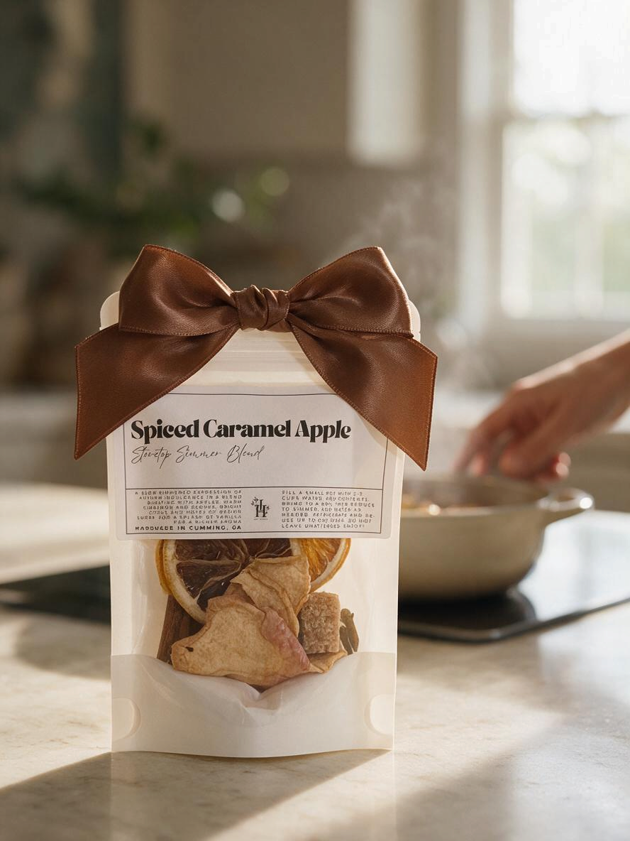 Doodlations Coffee Bar & Boutique small bag of spiced caramel apple stovetop simmer blend with a brown satin bow.