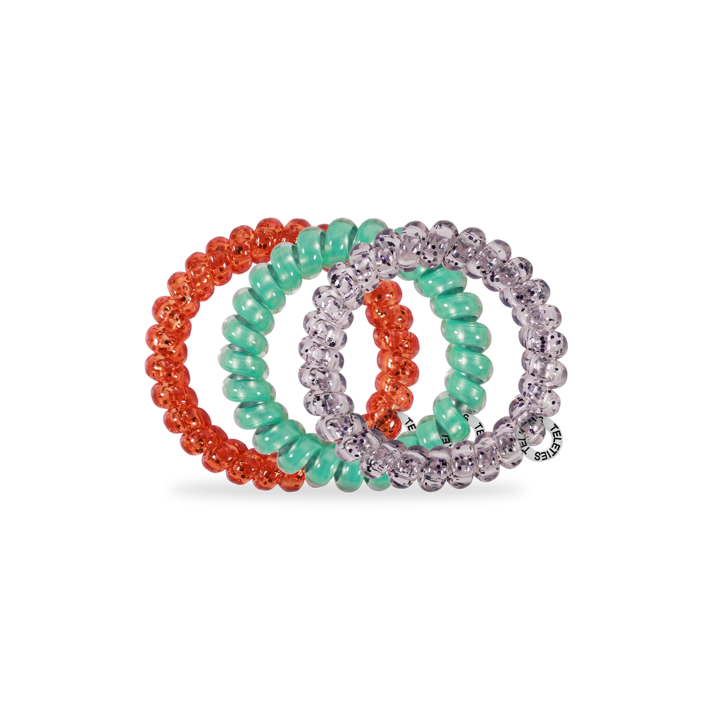 Doodlations Coffee Bar & Boutique Showbiz spiral hair coils in orange, teal, and clear, designed for a damage-free hold.