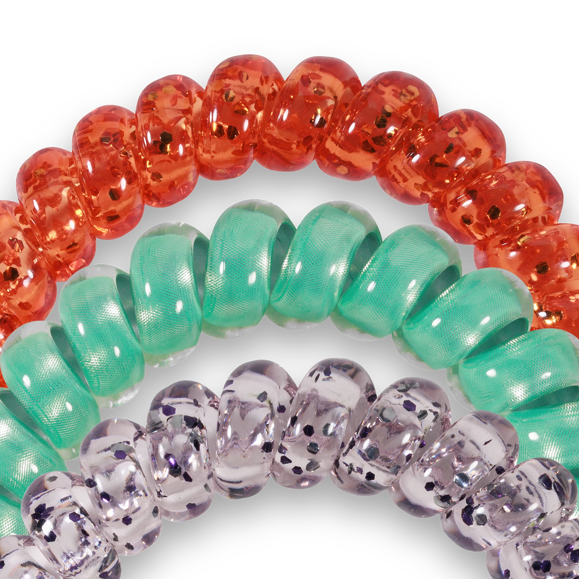 Doodlations Coffee Bar & Boutique large spiral hair coils in orange, teal, and clear with glitter accents.