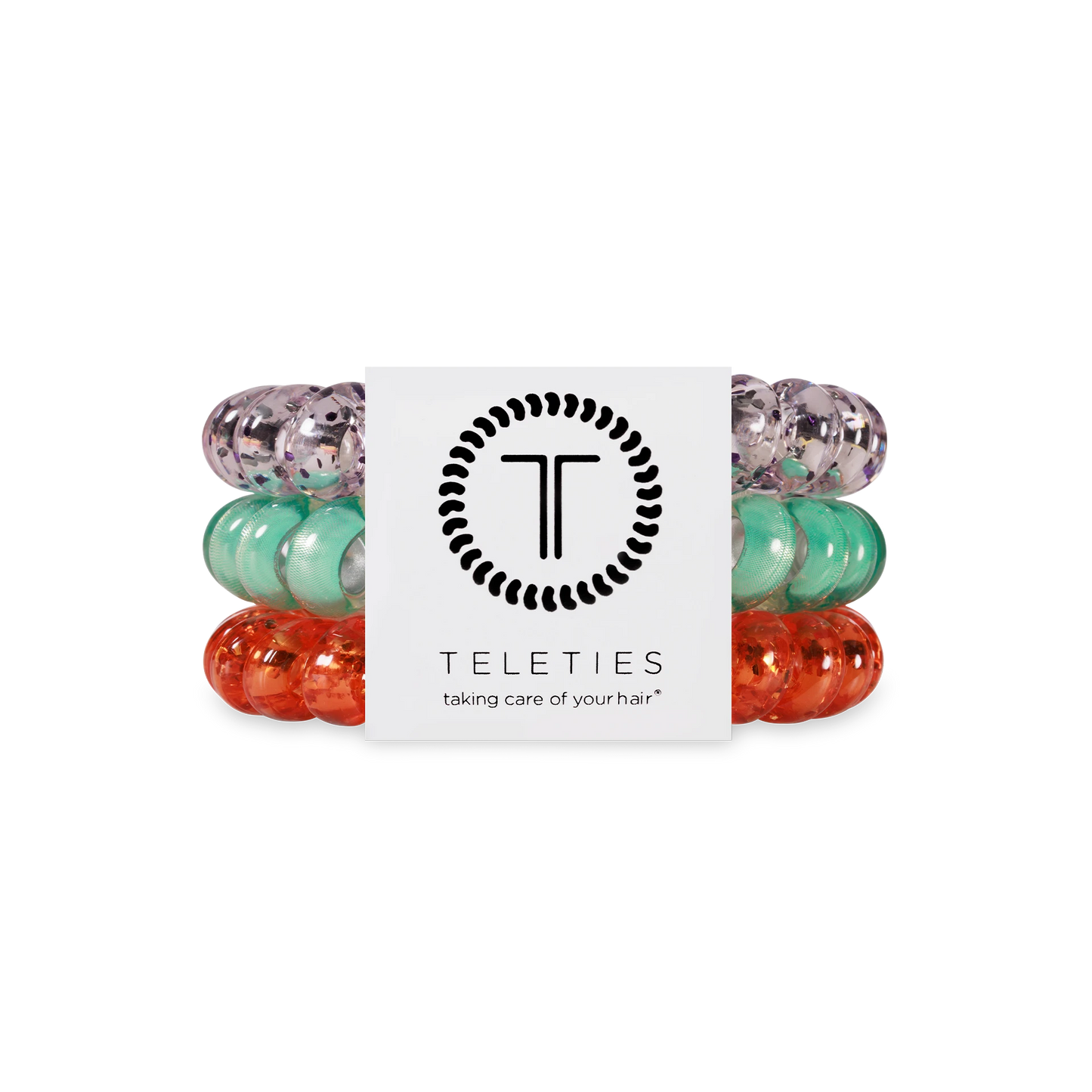 Doodlations Coffee Bar & Boutique pack of three orange, teal, and glitter spiral hair coils with no-rip design