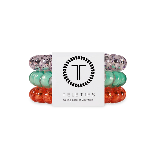 Doodlations Coffee Bar & Boutique pack of three orange, teal, and glitter spiral hair coils with no-rip design