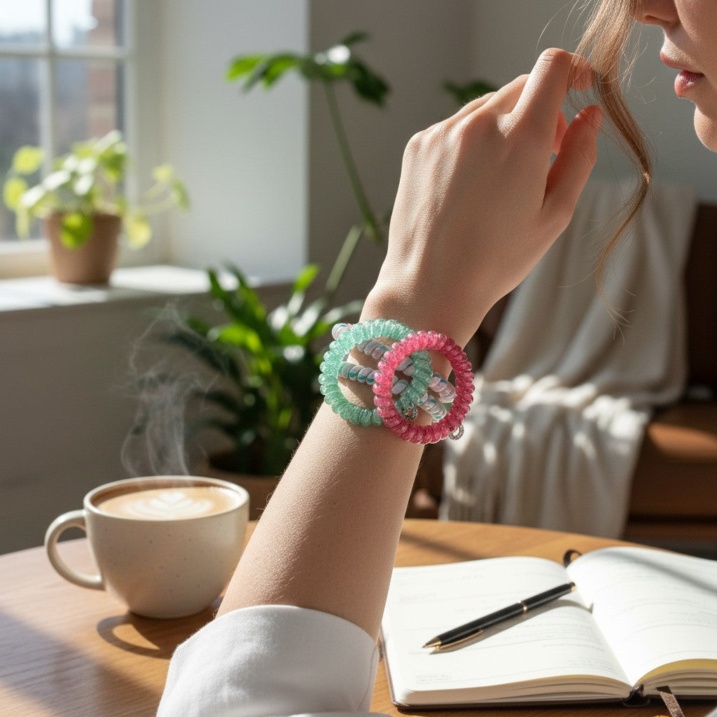 Doodlations Coffee Bar & Boutique Fin-tastic spiral hair ties in pink and teal worn as a bracelet on a woman's wrist.
