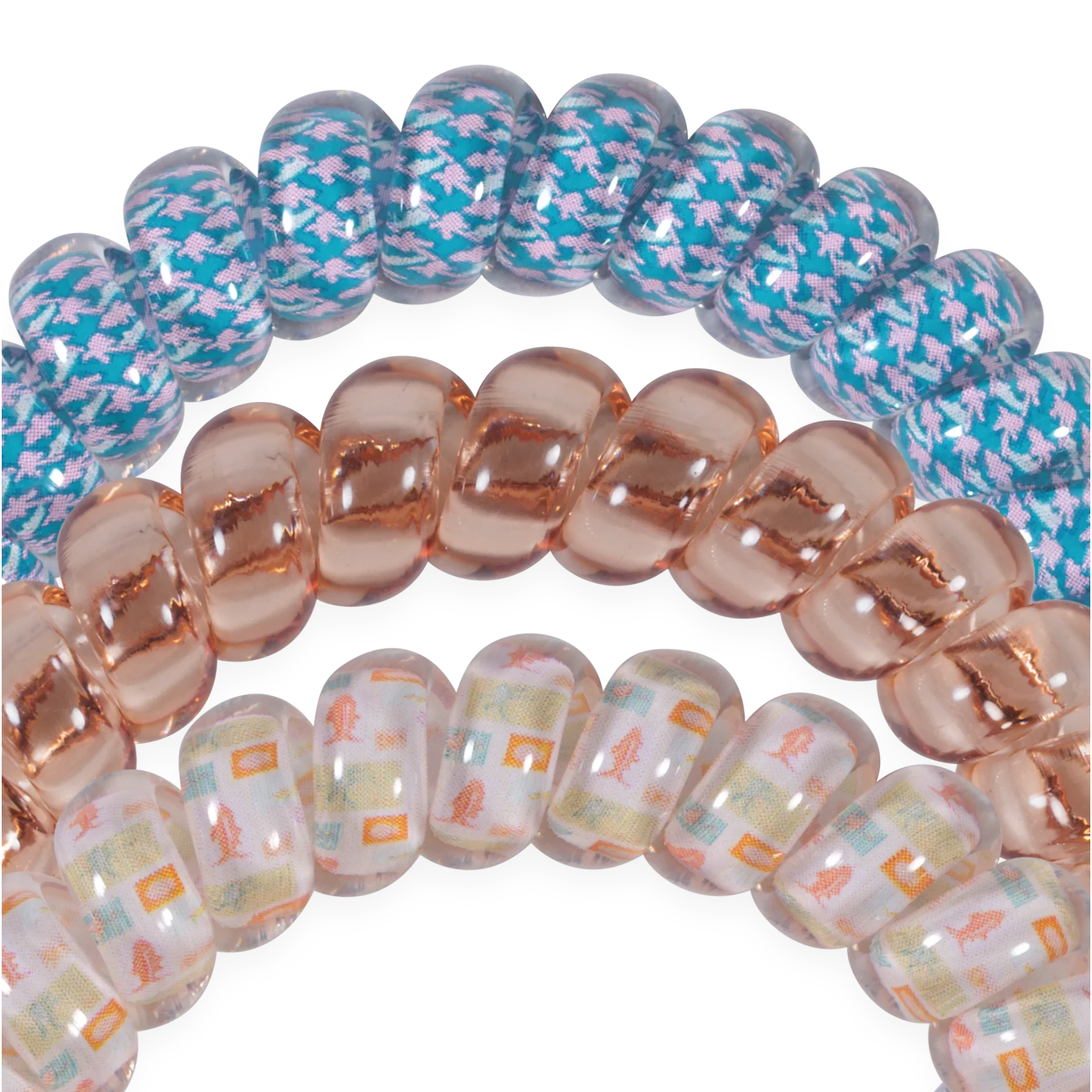 Doodlations Coffee Bar & Boutique Island Threads spiral hair ties in blue houndstooth, clear pink, and fish print.