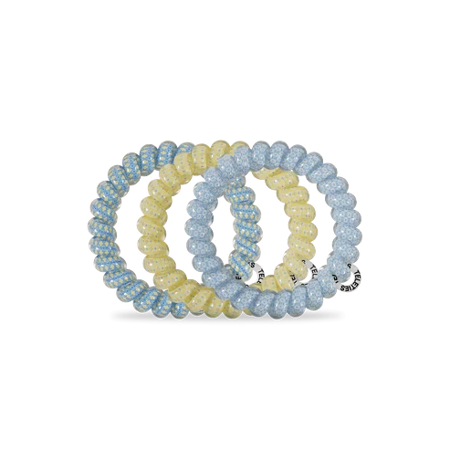 Doodlations Coffee Bar & Boutique Ciao Bella spiral hair ties in yellow and blue, waterproof and damage-free design.