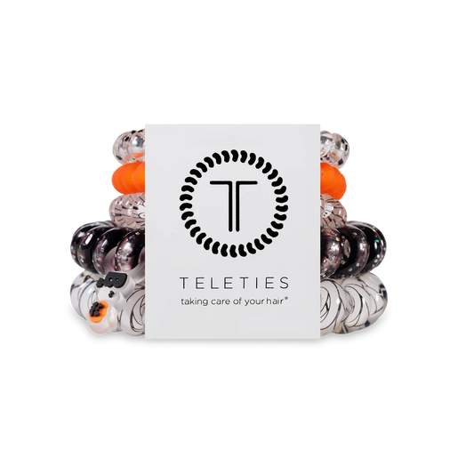Doodlations Coffee Bar & Boutique Mummy Knows Best mix pack hair ties in black, orange, and clear spiral designs.