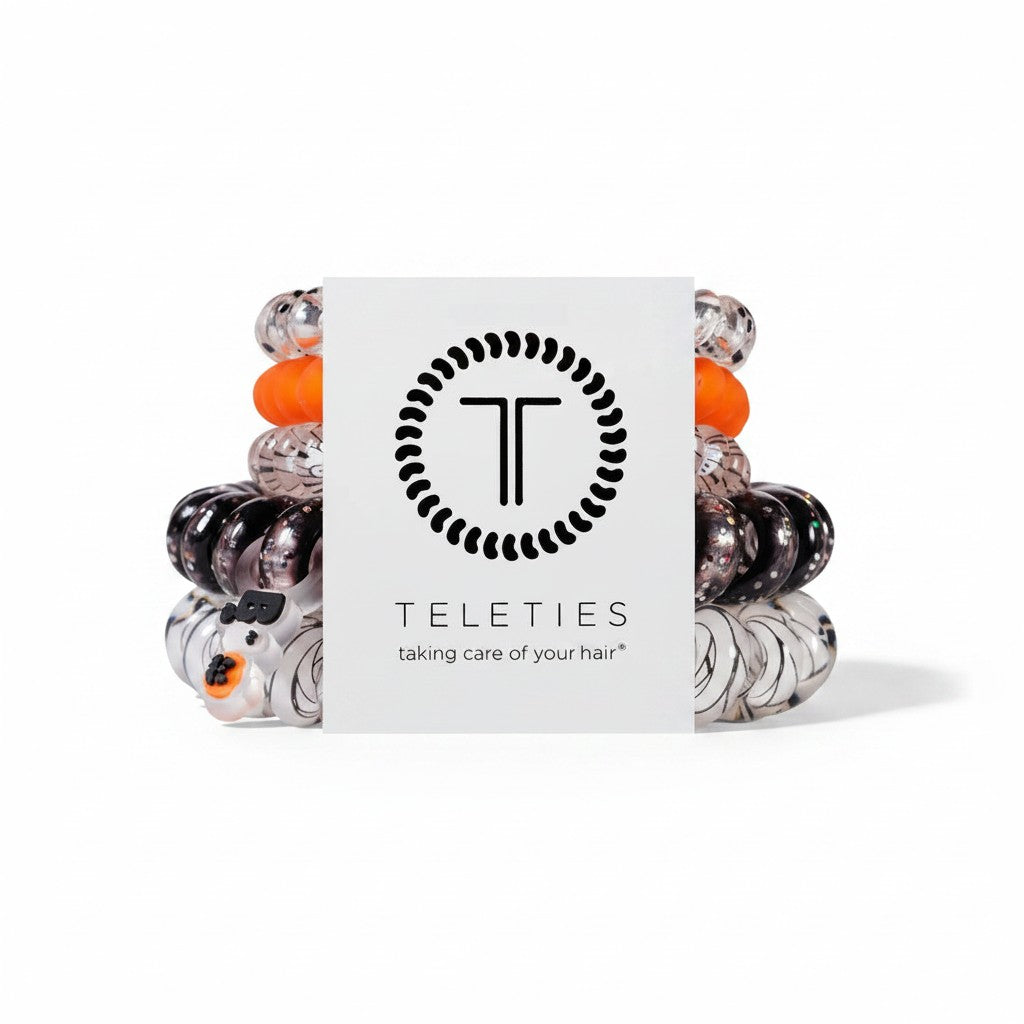 Doodlations Coffee Bar & Boutique Mummy Knows Best mix pack hair ties in black and orange spiral coil design.