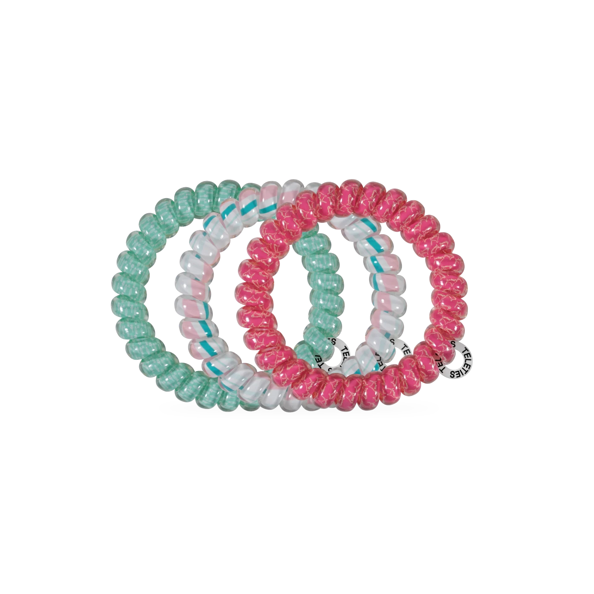 Doodlations Coffee Bar & Boutique Fin-tastic spiral hair ties in green, white, and pink, waterproof and snag-free.
