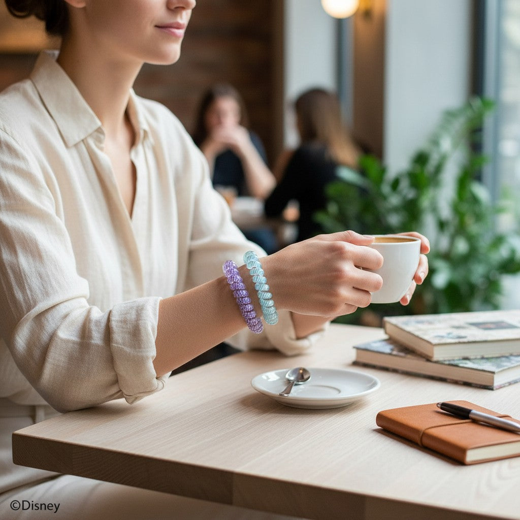 Woman wearing light blue and lavender spiral hair ties on her wrist while holding a coffee cup at Doodlations Coffee Bar & Boutique