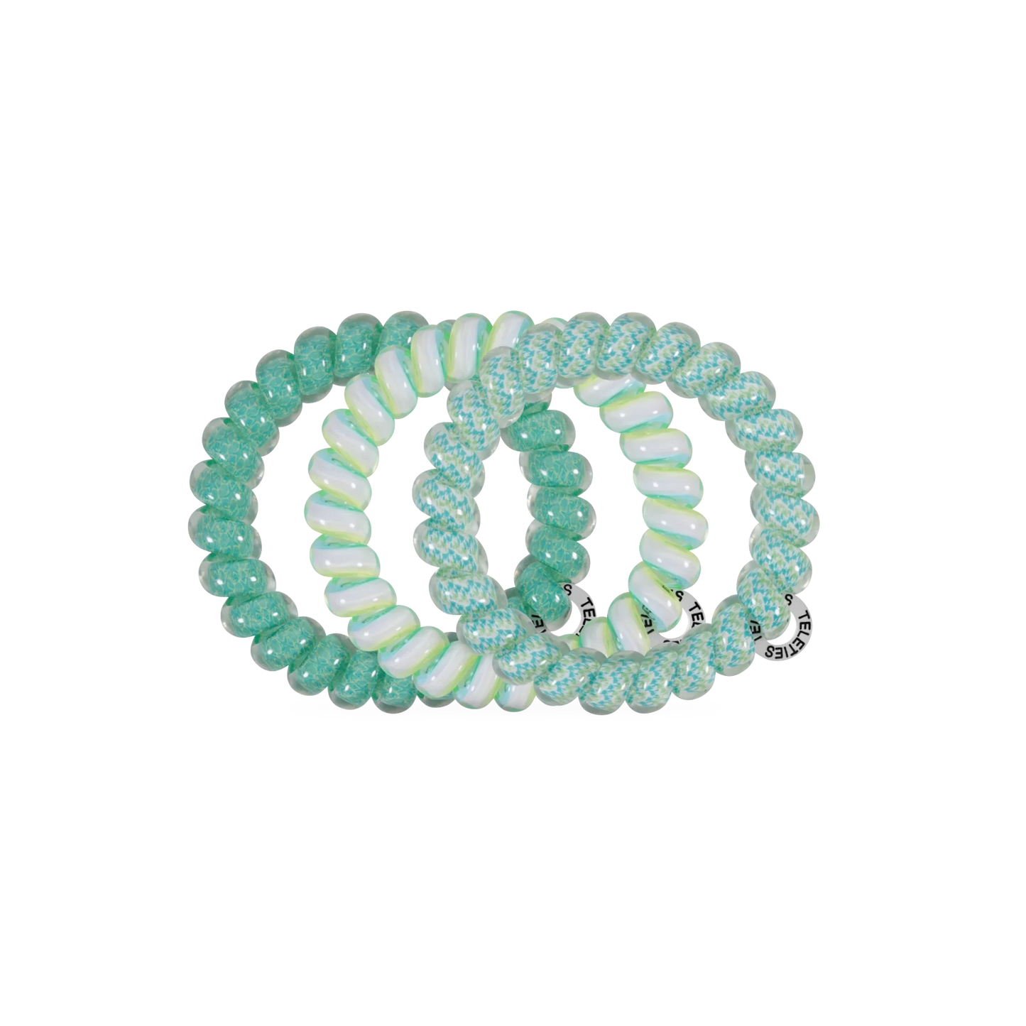 Doodlations Coffee Bar & Boutique By the Sea Shore spiral hair ties in translucent mint green and white swirl patterns.