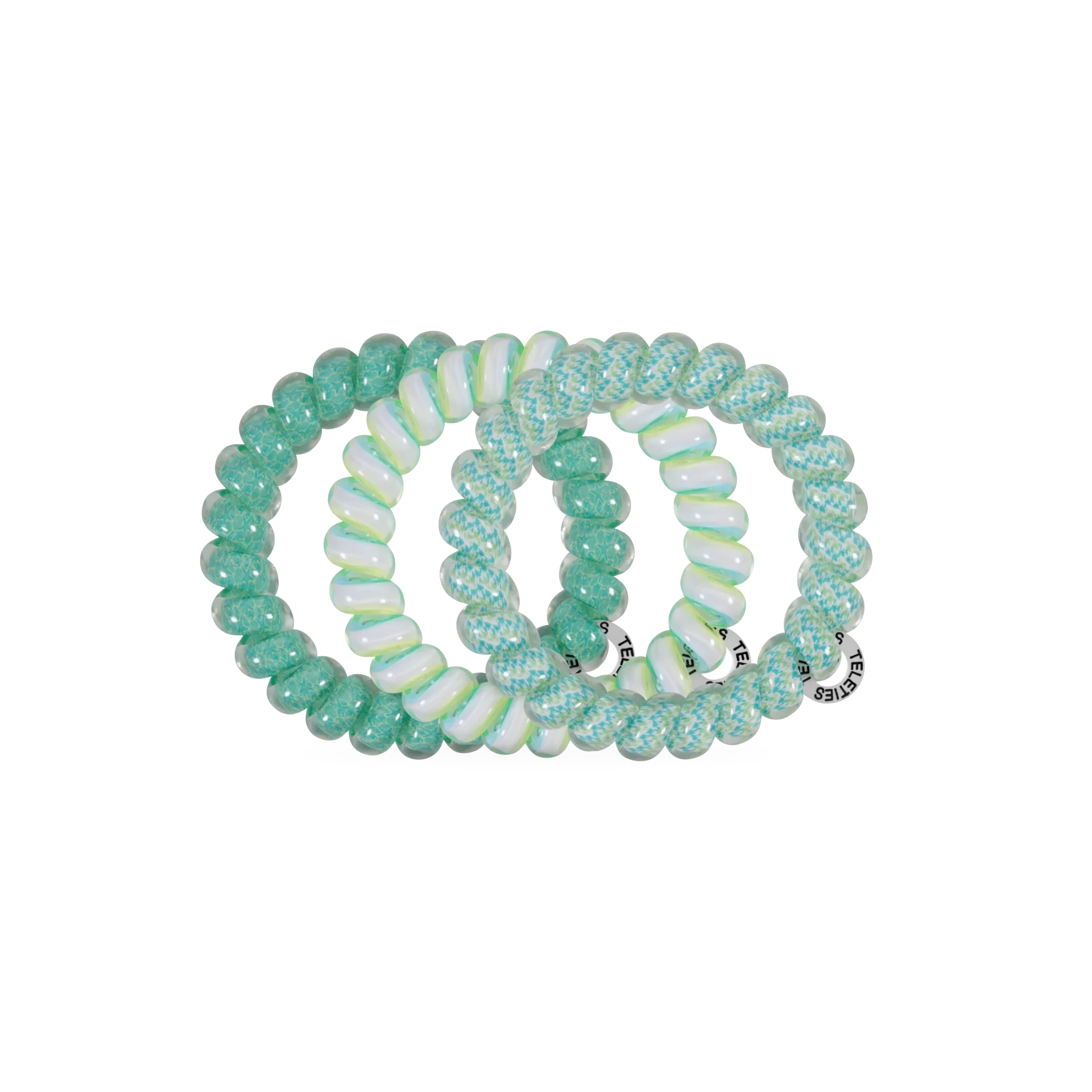 Doodlations Coffee Bar & Boutique By the Sea Shore spiral hair ties in translucent mint green and white swirl patterns.