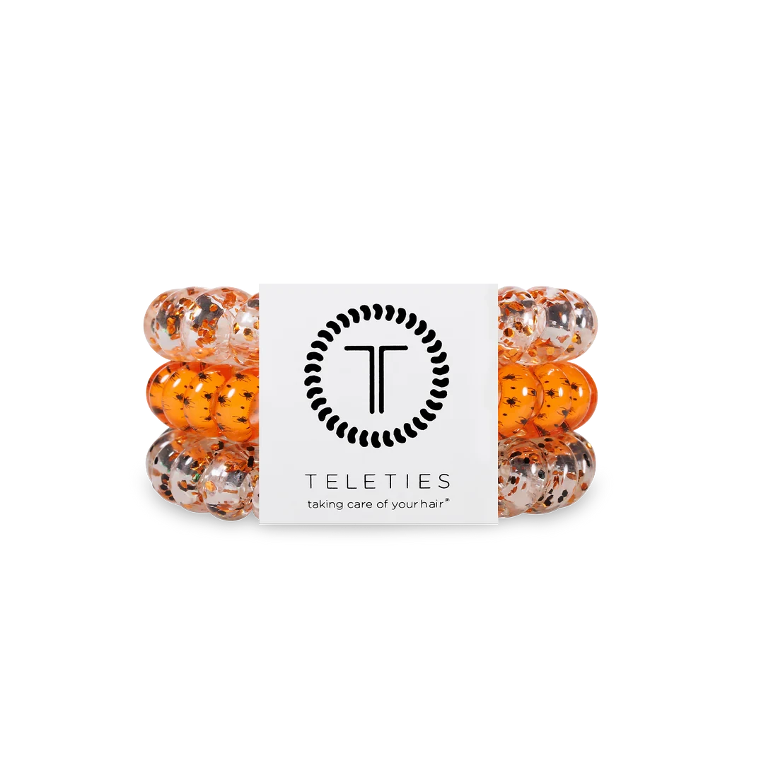 Doodlations Coffee Bar & Boutique Spooky Sparkles hair ties in orange and black glitter spiral design