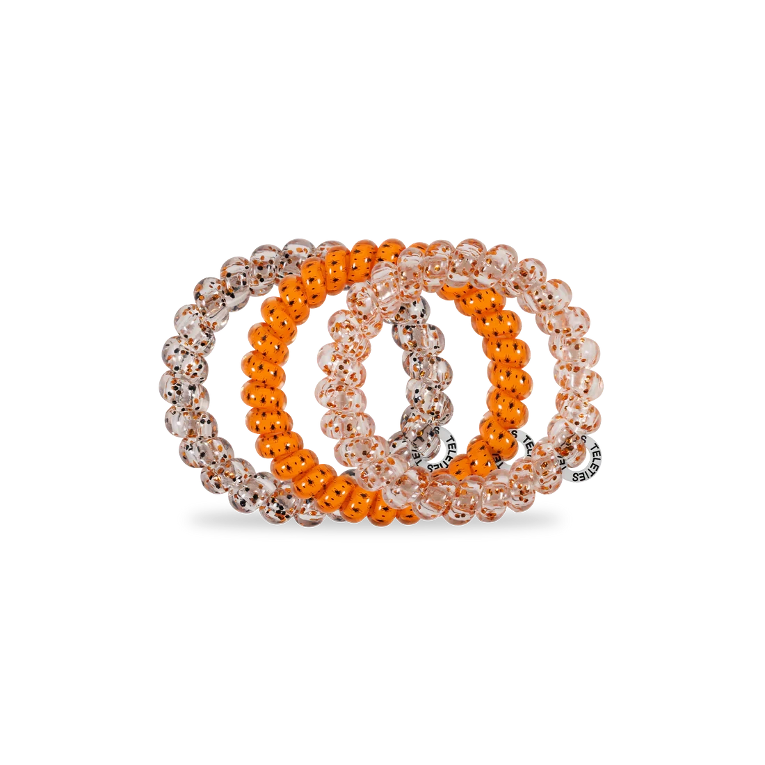 Doodlations Coffee Bar & Boutique Spooky Sparkles hair ties in orange and clear glittery spiral coil design.