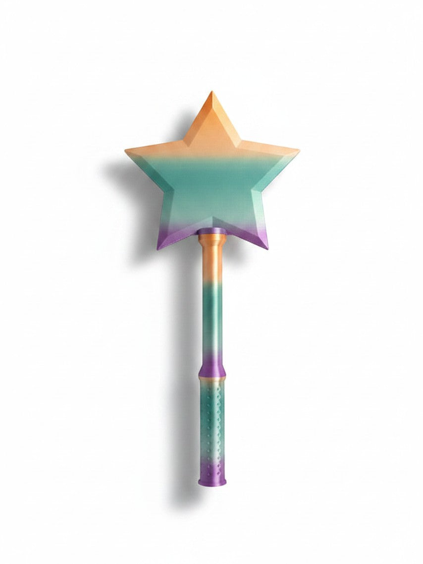 Doodlations Coffee Bar & Boutique star tap to pay wand in a gradient of orange, teal, and purple silicone.