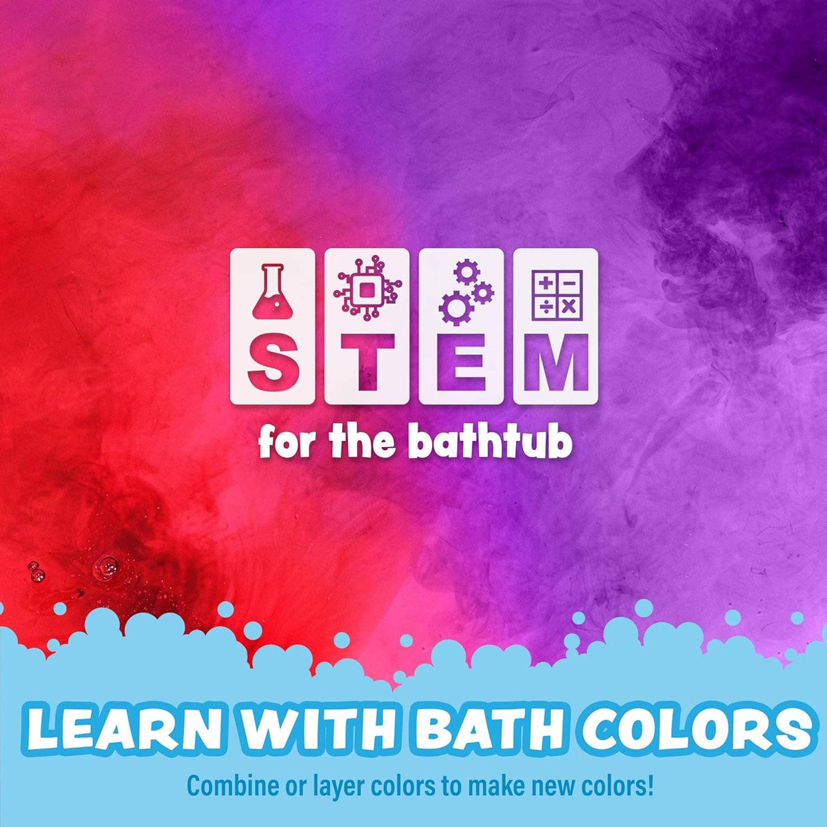Doodlations Coffee Bar & Boutique STEM bath color educational graphic with vibrant red and purple swirling water