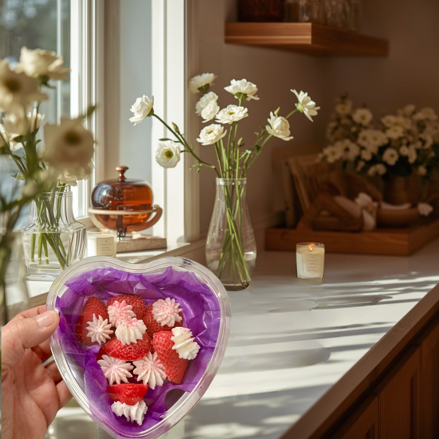 Doodlations Coffee Bar & Boutique heart-shaped wax melts with strawberry and cream design.