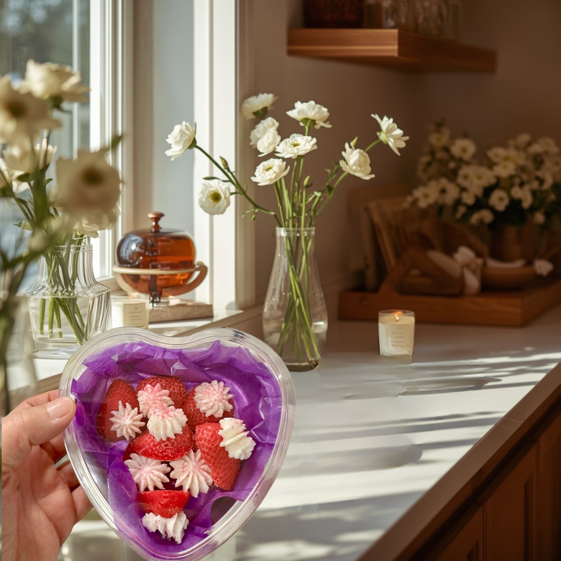 Doodlations Coffee Bar & Boutique heart-shaped wax melts with strawberry and cream design.