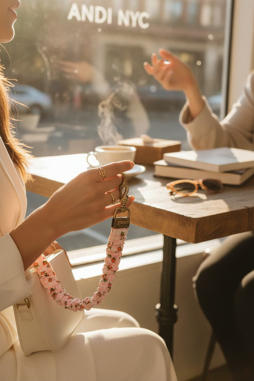 Doodlations Coffee Bar & Boutique Strawberry Fields lanyard in pink and cream gingham with strawberry print