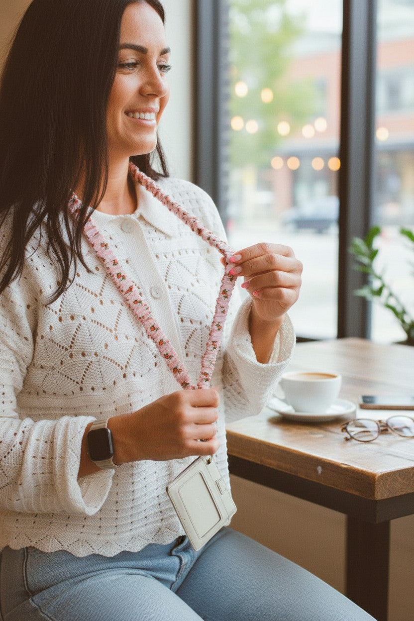 Doodlations Coffee Bar & Boutique Strawberry Fields lanyard in pink and cream gingham with strawberry print on a model