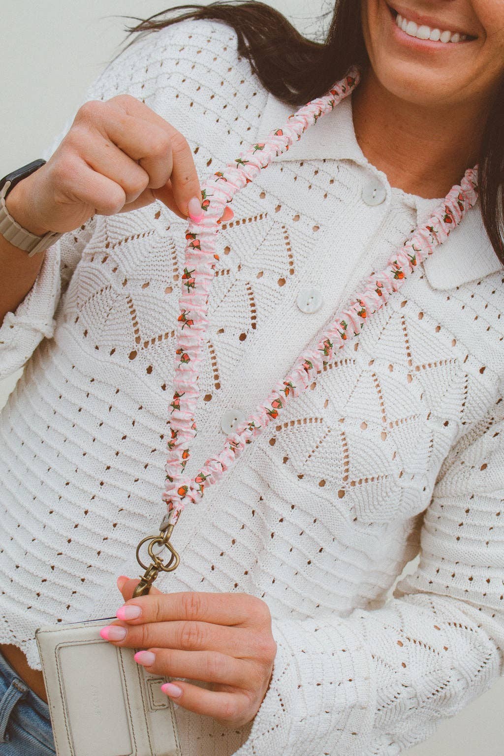 Doodlations Coffee Bar & Boutique Strawberry Fields lanyard in pink and cream gingham with strawberry print