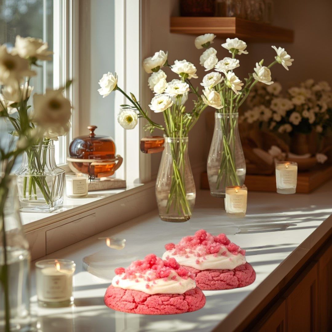 Doodlations Coffee Bar & Boutique Strawberry Shortcake Cookie Wax Melts, pink cookies with white frosting and pink crumble topping.