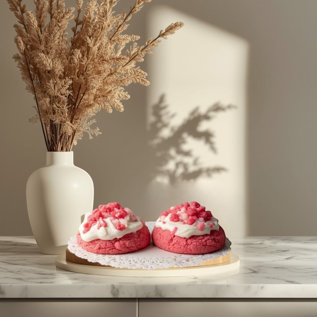 Doodlations Coffee Bar & Boutique Strawberry Shortcake Cookie Wax Melts with white frosting and pink candy crumbles.