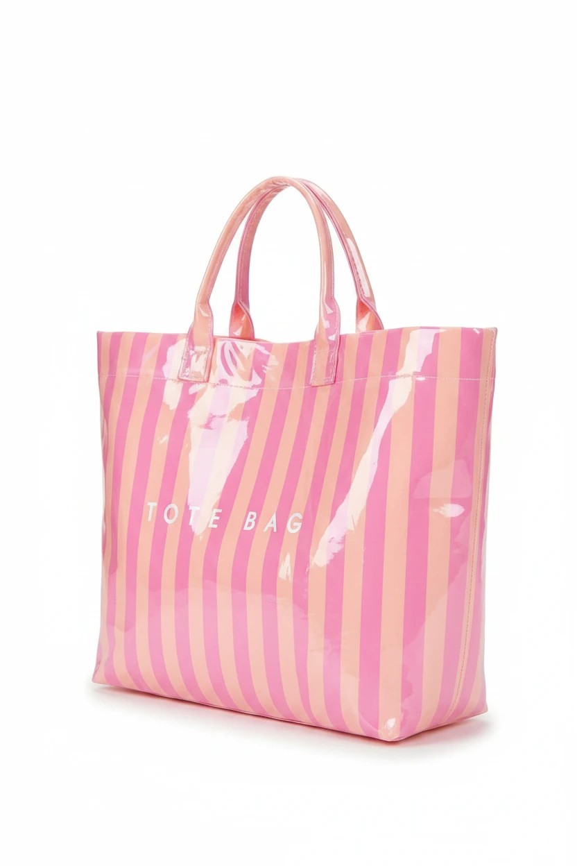 Doodlations Coffee Bar & Boutique pink and orange vertical striped glossy tote bag with sturdy handles