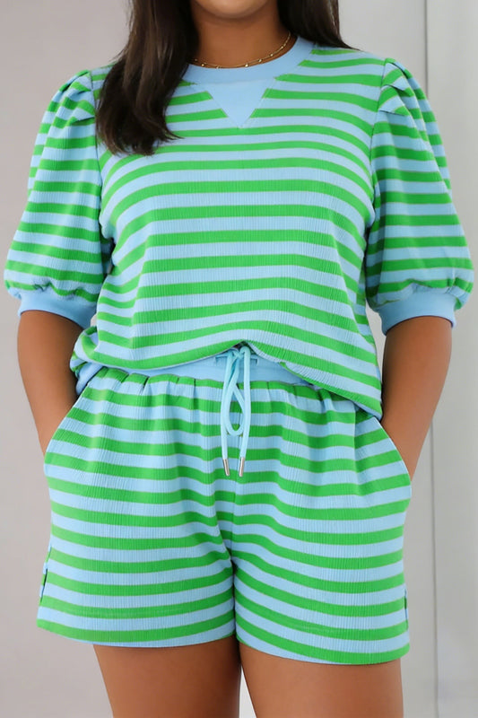 Doodlations Coffee Bar & Boutique green and blue striped knit puff sleeve top and drawstring shorts set.