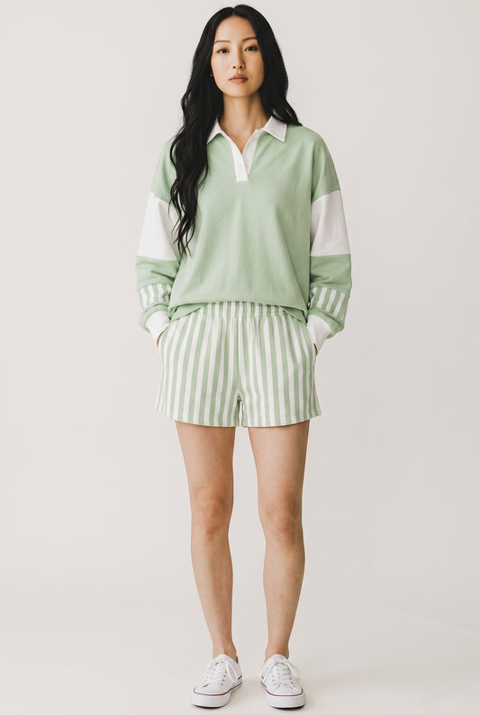 Doodlations Coffee Bar & Boutique smoke green and white striped color block pullover top and matching shorts set