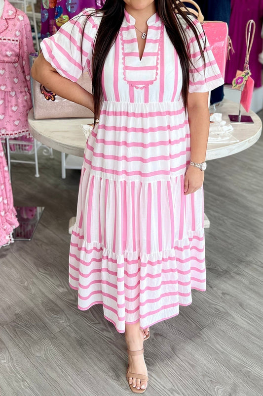 Doodlations Coffee Bar & Boutique white and pink striped tiered tunic dress with scalloped V-neck and puffed sleeves.