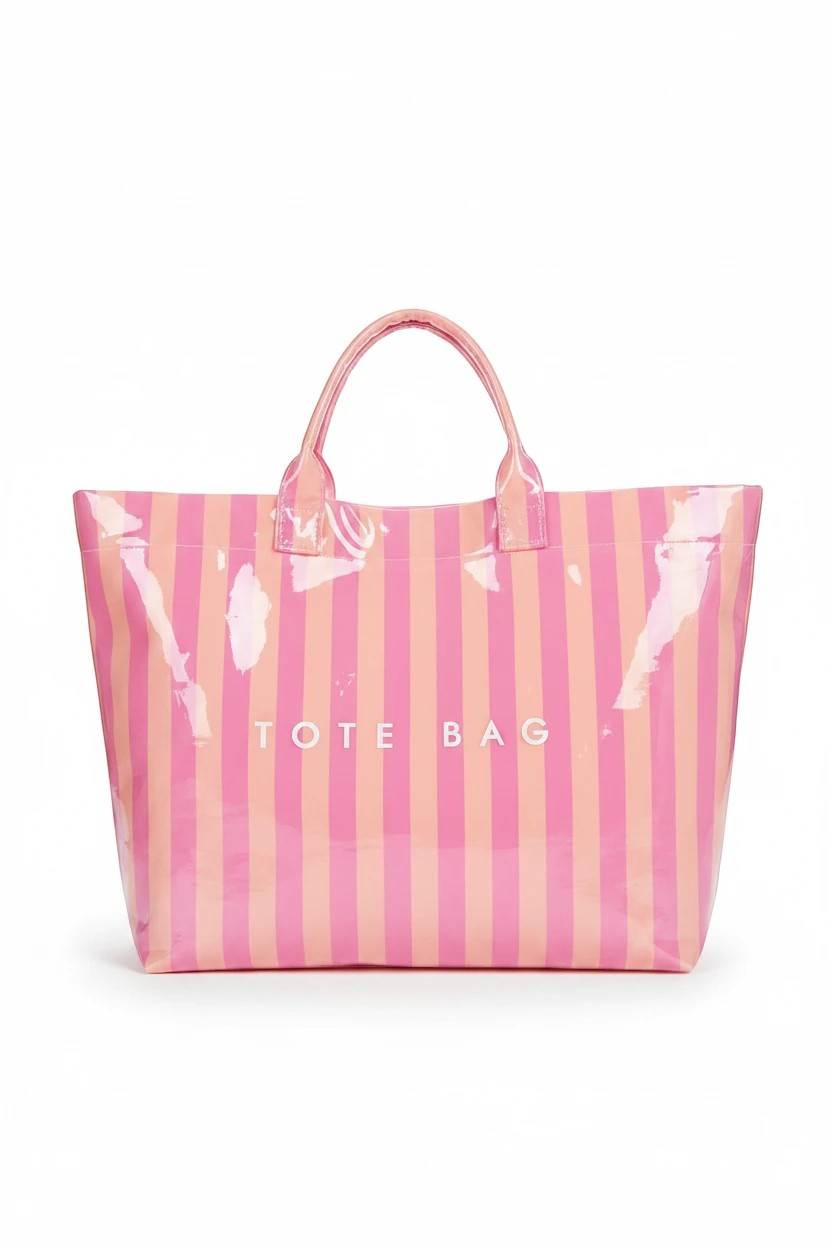 Doodlations Coffee Bar & Boutique pink and orange vertical striped glossy tote bag with sturdy handles.