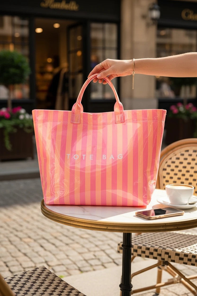 Doodlations Coffee Bar & Boutique pink and orange vertical striped glossy tote bag held on a cafe terrace.