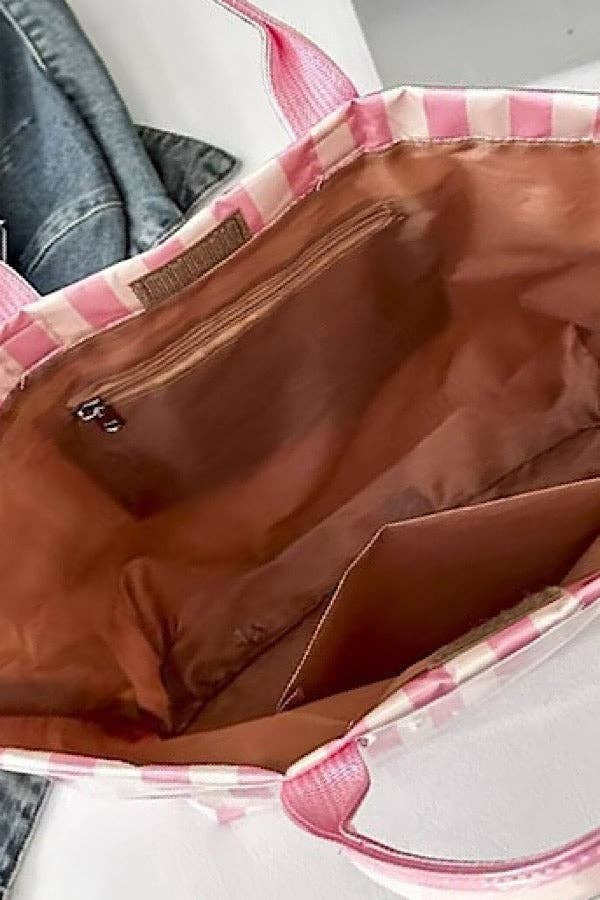 Doodlations Coffee Bar & Boutique pink and orange striped tote bag interior with zipper pocket and open slip pocket