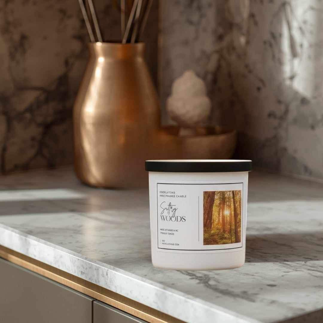 Doodlations Coffee Bar & Boutique Sultry Woods luxury candle with a warm woodsy scent, hand-poured in a white jar.