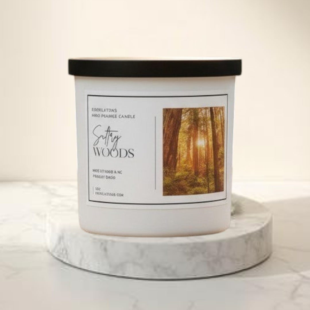 Doodlations Coffee Bar & Boutique Sultry Woods luxury candle with a warm woodsy scent, hand-poured in a white jar.