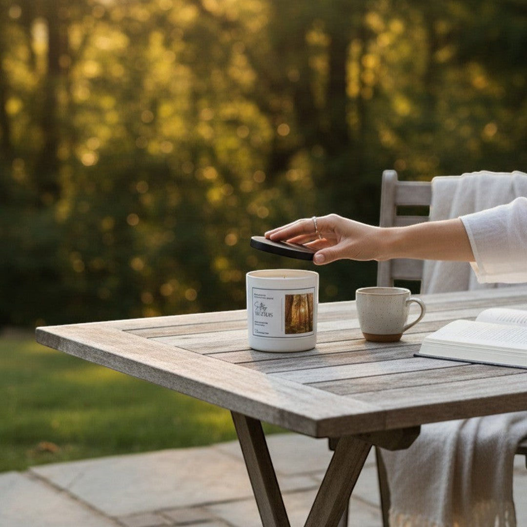 Doodlations Coffee Bar & Boutique Sultry Woods candle with a wooden lid, on a table with a mug and book.