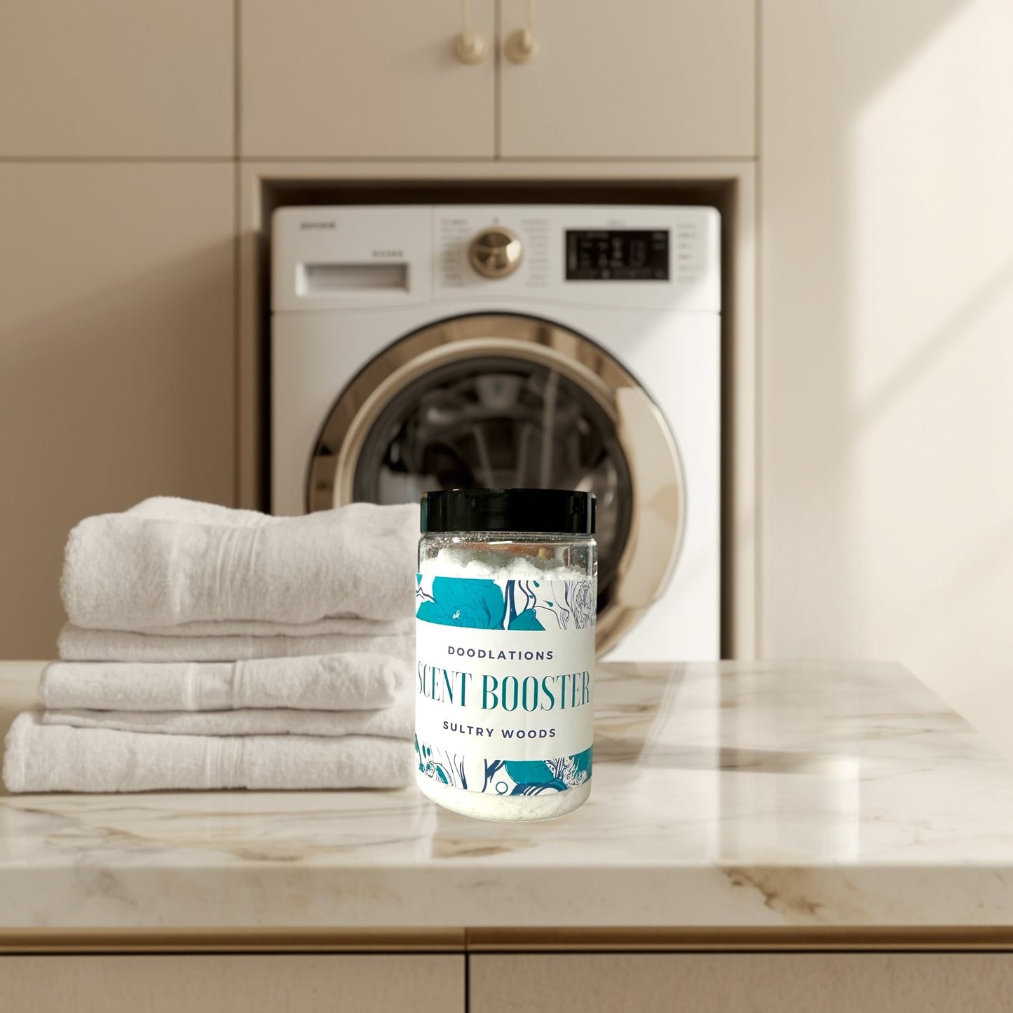 Sultry Woods laundry scent booster in a clear jar with a black lid. White powder inside.