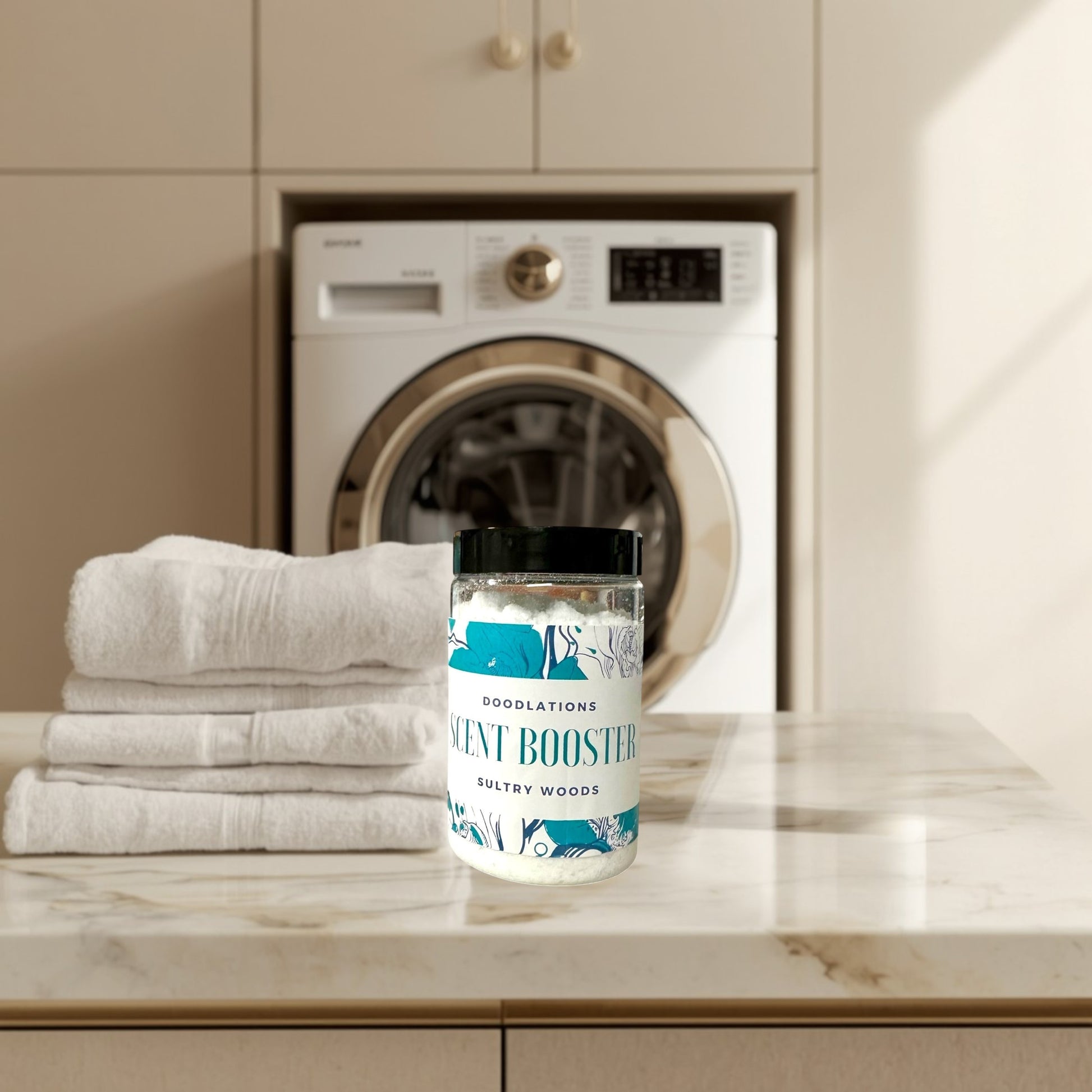 Sultry Woods laundry scent booster in a clear jar with a black lid. White powder inside.