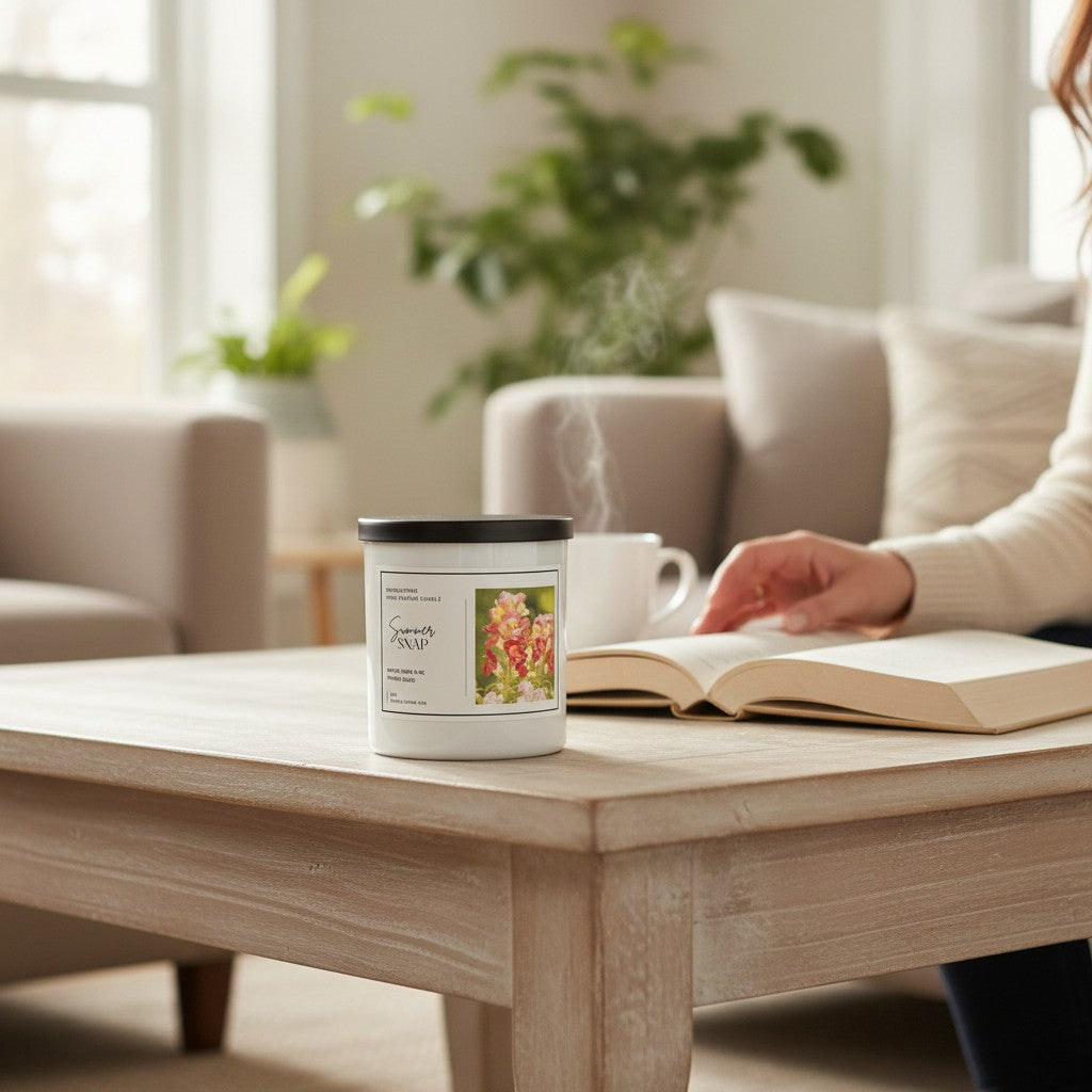Doodlations Coffee Bar & Boutique Summer Snap candle on a wooden table with a woman reading a book in the background.