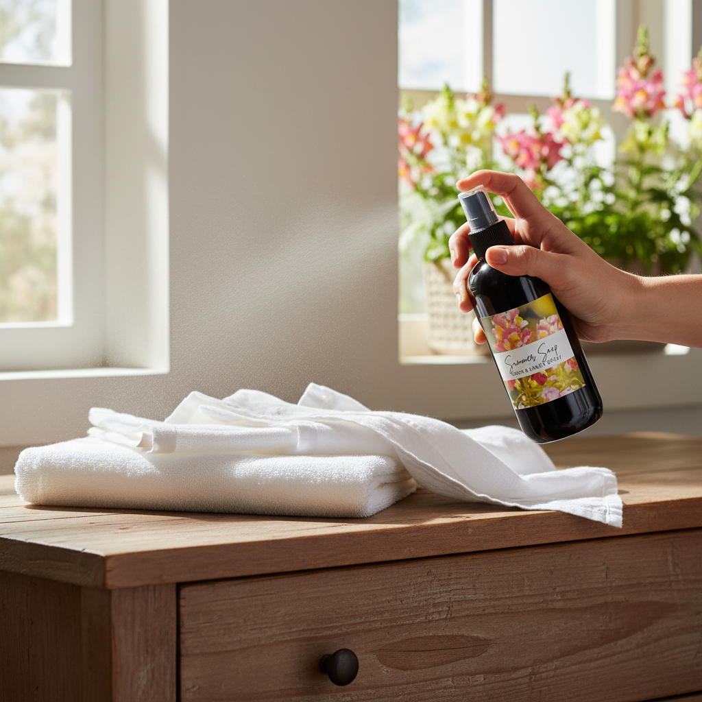 Doodlations Coffee Bar & Boutique Summer Snap room and linen spray misting over folded white towels on a wooden table.