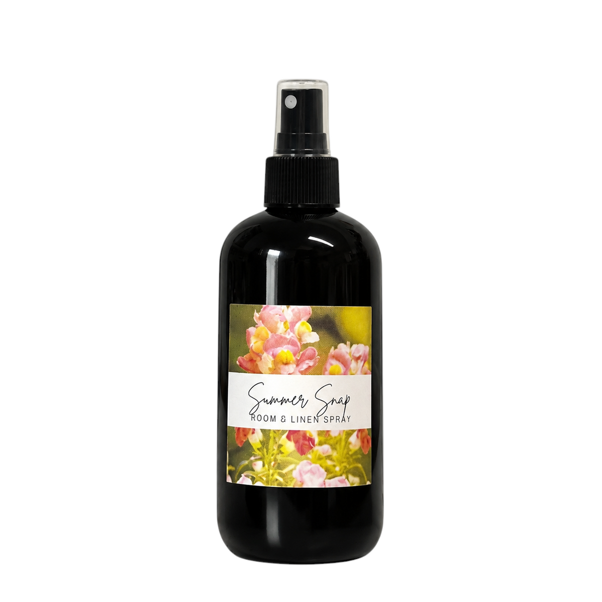 Doodlations Coffee Bar & Boutique Summer Snap luxury room and linen spray in a black bottle with floral label