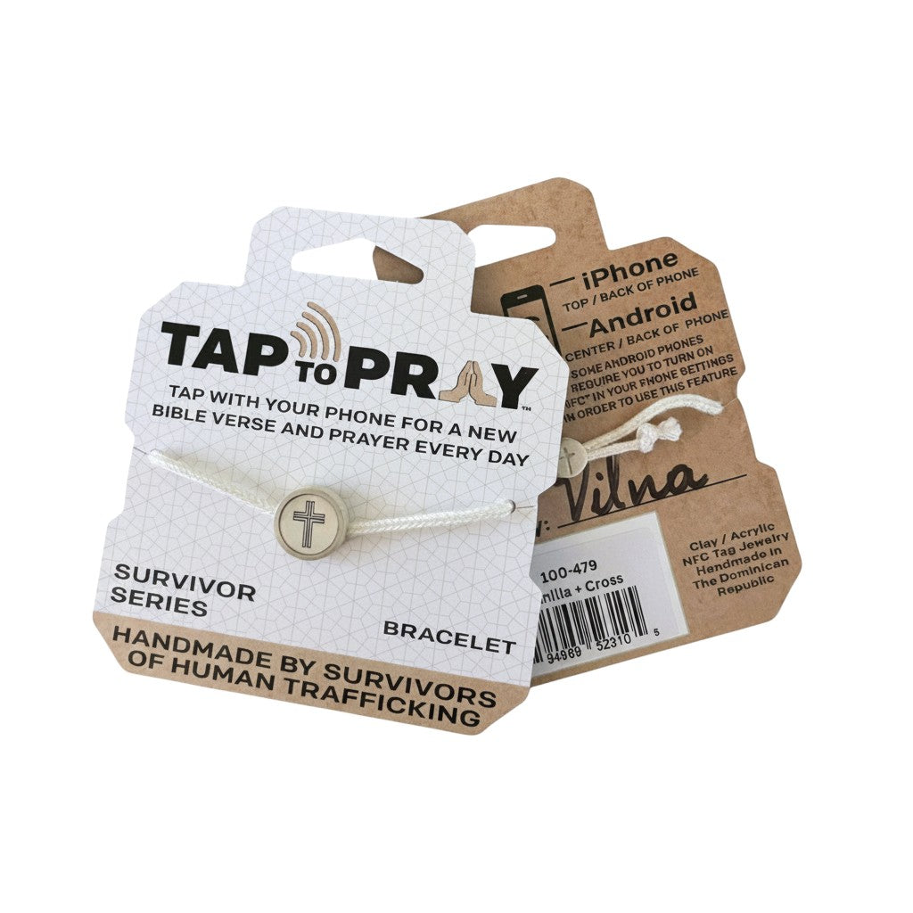 Doodlations Coffee Bar & Boutique Survivor Series bracelet with white cord and silver cross charm. Features NFC chip for daily Bible verses.
