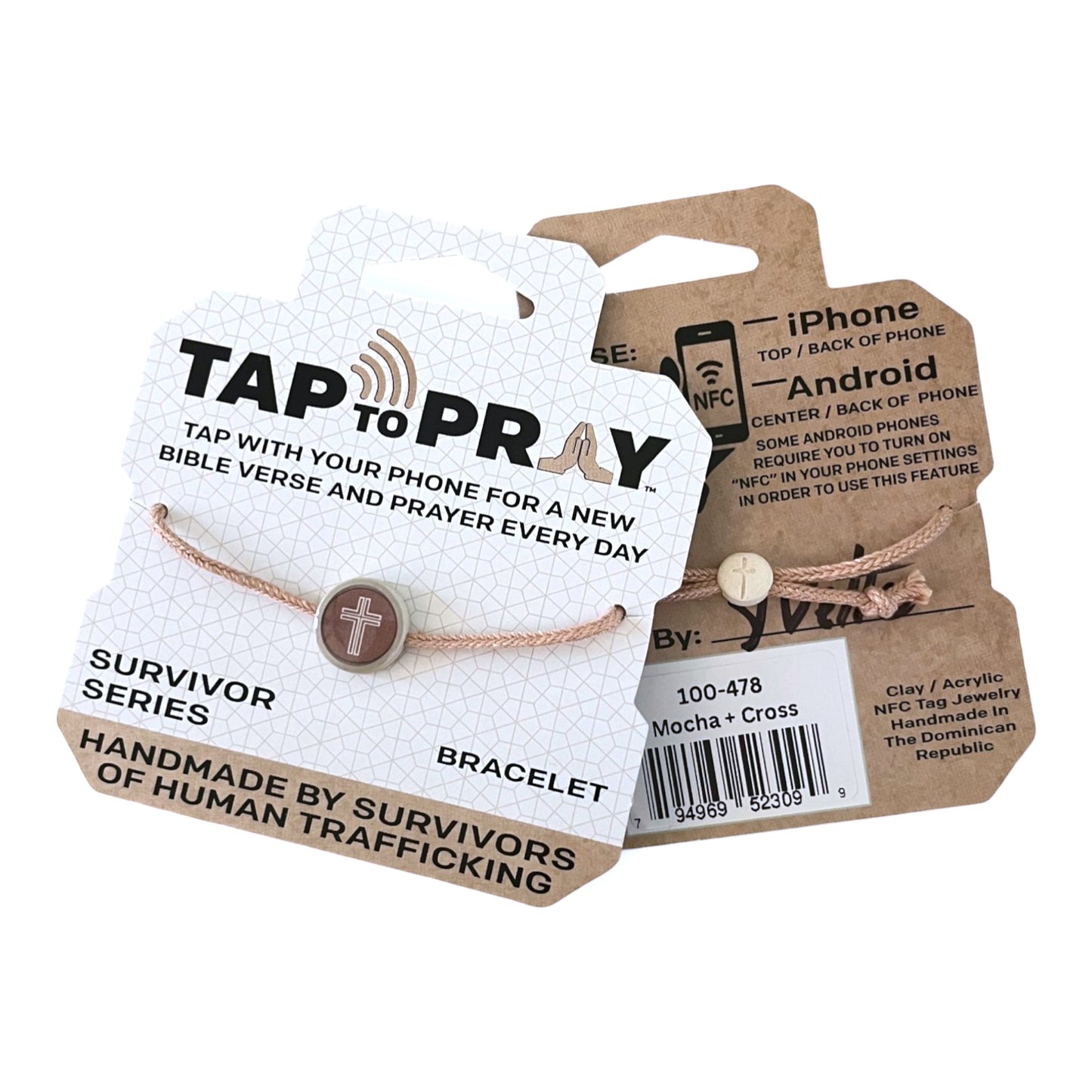 Doodlations Coffee Bar & Boutique Survivor Series bracelet with a rose gold cord and a brown cross charm. NFC enabled.