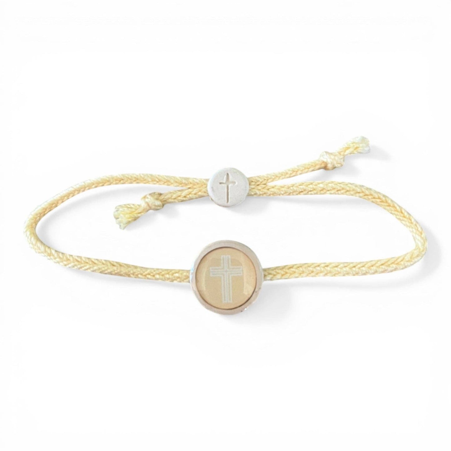 Doodlations Coffee Bar & Boutique Survivor Series Bracelet with yellow cord and cross charm, NFC enabled.