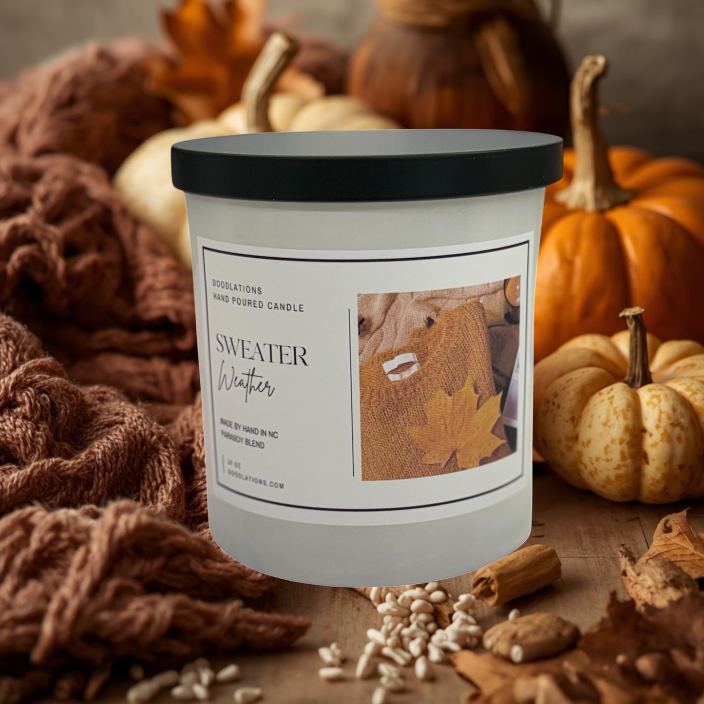 Doodlations Coffee Bar & Boutique Sweater Weather hand-poured soy blend candle with a cozy autumn aesthetic.