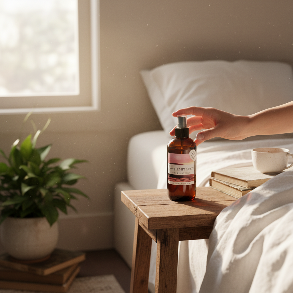 Doodlations Coffee Bar & Boutique Sweet Temptation room and linen spray bottle on a wooden stool in a bright bedroom.