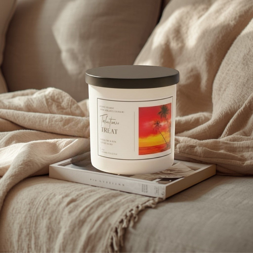 Doodlations Coffee Bar & Boutique Tahitian Treat luxury soy blend candle with tropical sunset label. Hand-poured for a warm, relaxing atmosphere.